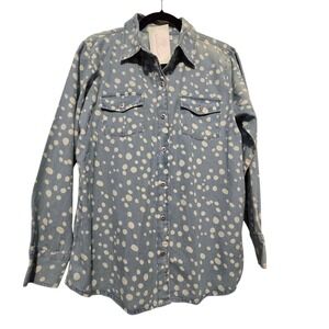 Vtg 90s Keren Hart Light Wash Denim Shirt  Women M Polka Dot Distressed Chambray